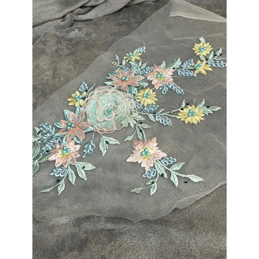 Large Floral Embroidered Tulle Applique Pearl Rhinestone Bridal Dress Sewing 15